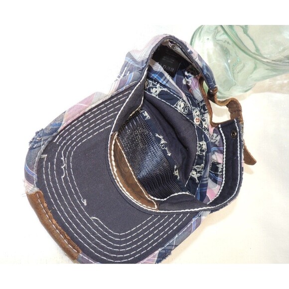 True Religion Pink Blue Madras Cotton Metal Accent Distressed Hat OSFA RARE NWOT - Picture 6 of 10